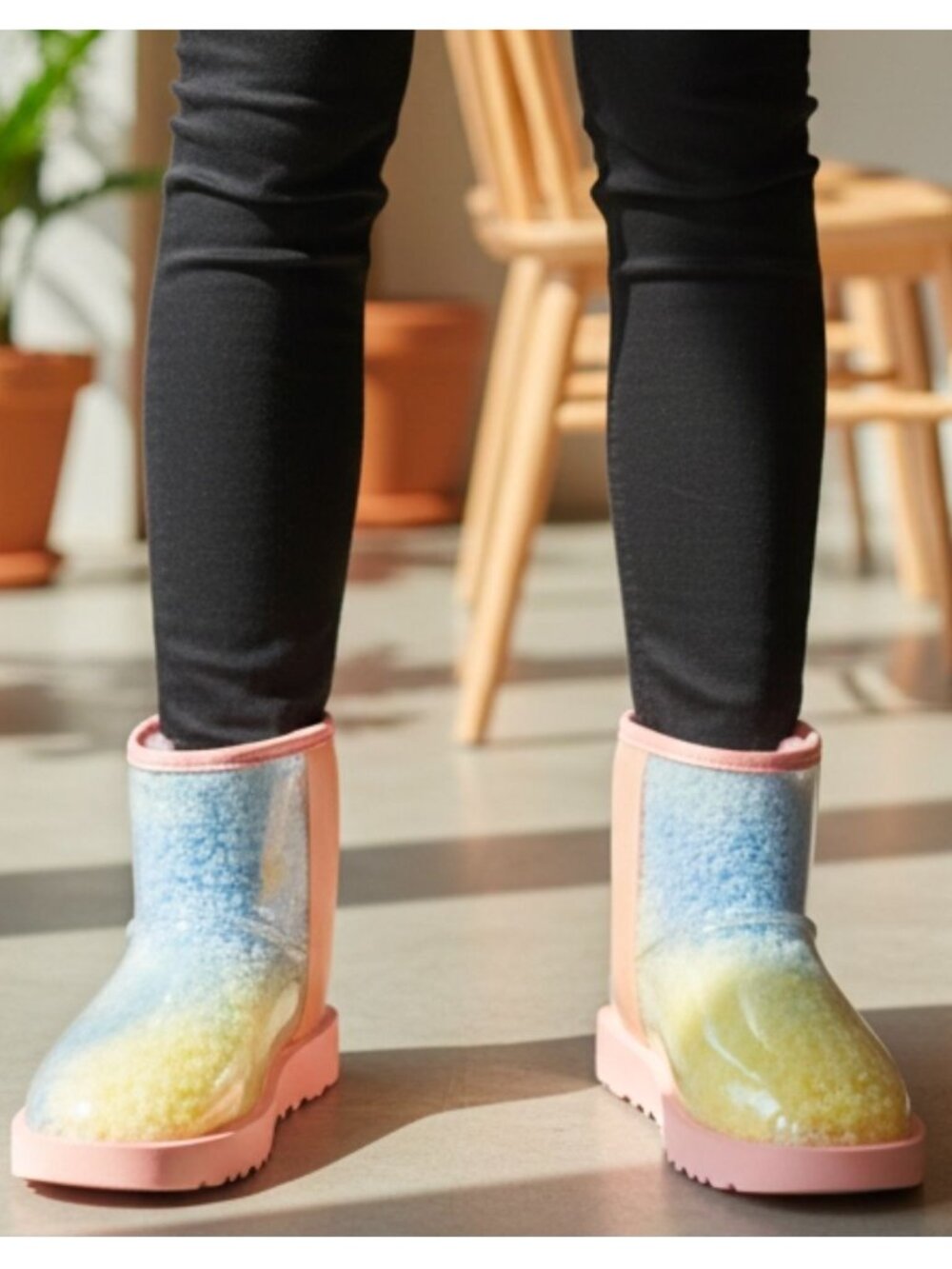 Rainbow Gradient Womens Ankle Boots With Transparent Glossy Outer Layer & Pink S